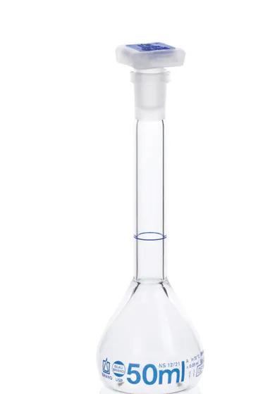 Volumetric flask, Boro 3.3, BLAUBRAND,
class A, grad. in blue, with NS 12/21
P